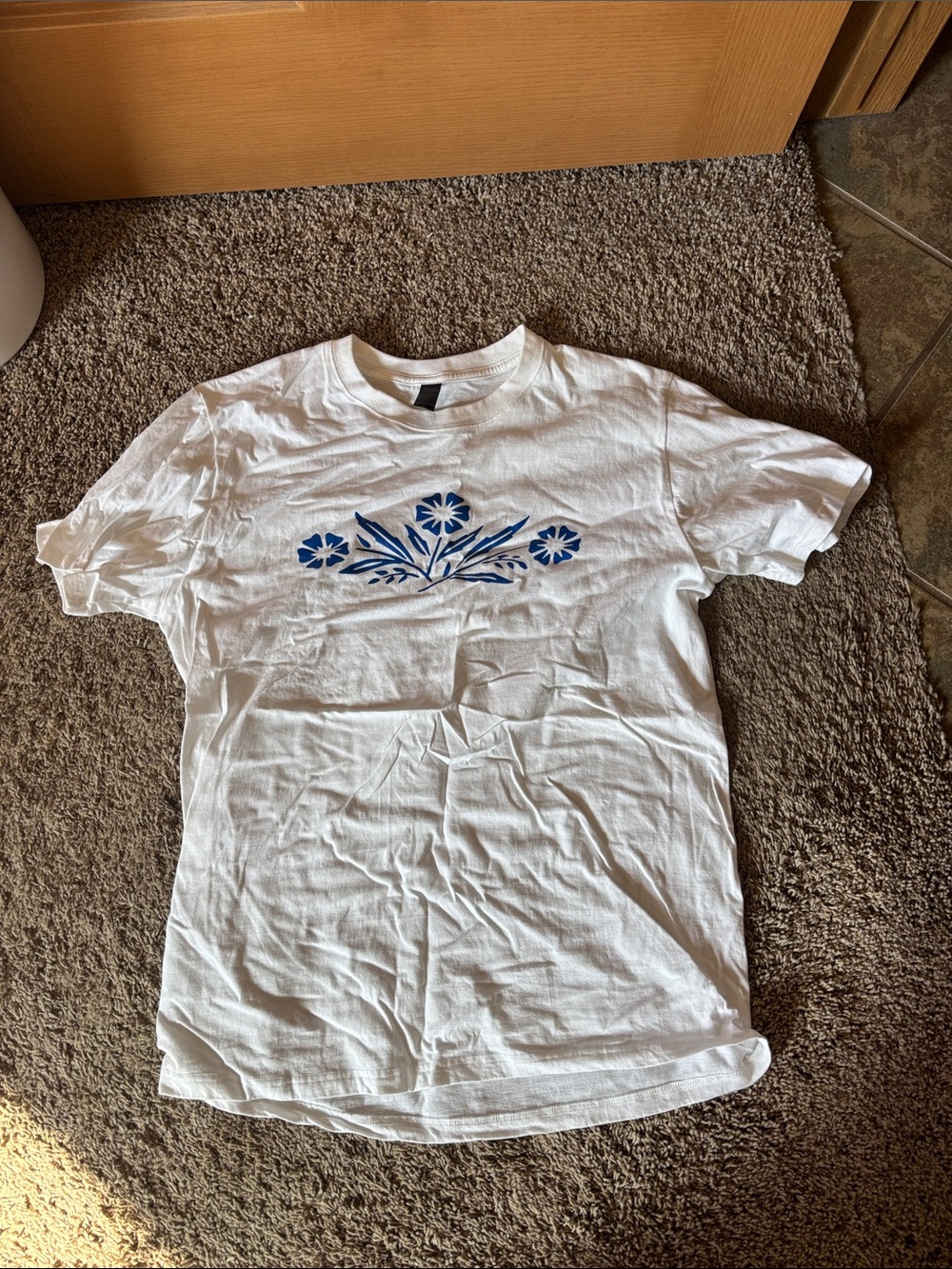 Classic White Crewneck T-Shirt with Blue Corningware-Inspired Floral Print